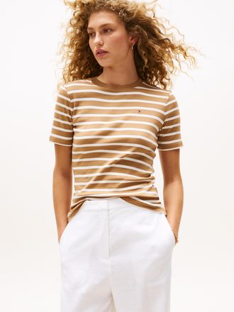 Tommy Hilfiger T-Shirt TOMMY HILFIGER SLIM CODY C-NK SS, Damen, Gr. XXL (44), beige (hickory, ecru stp), Jersey, Obermaterial: 100% Baumwolle, gestreift, slim fit h&uuml;