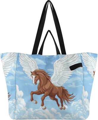 Generic Horse Horse Sky Blue print Reusable Canvas Tote Bag, Heavy Duty Grocery Shopping Bag with Hard Bottom Large Capacity Double Handles Work Groceries Tra