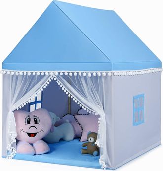 Costway Tenda Da Gioco Casetta Per Bambini, Castello Giocattolo Tenda, Legno Cotone, 120x105x140 Cm (azzurro)