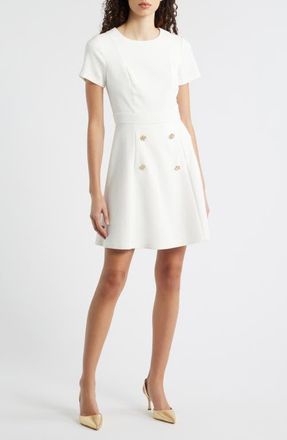Eliza J Button Detail Short Sleeve Fit & Flare Dress in Ivory at Nordstrom, Size 14