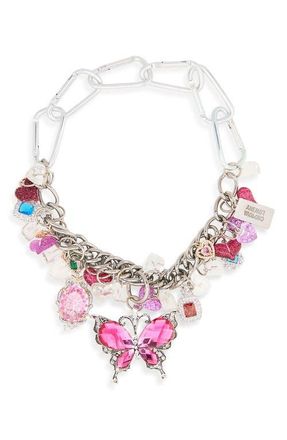 Chopova Lowena Fly My Love Crystal Butterfly Carabiner Charm Necklace in Pink at Nordstrom