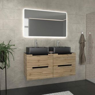 Aurlane Aurlane - Mueble de baño 120cm Roble y Negro, Lavabos rectangulares y espejo Led 120x70 - omega