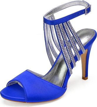 Generic Wedding Shoes Women Satin Sandal Ankle Strap Stiletto Heel Sandals Bridal Prom Evening Formal Party Shoes 10.5Cm,Blue,4 UK