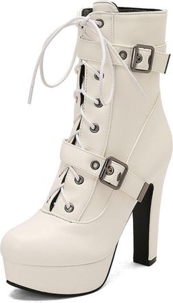 Generic Womens Front Lace Up Mid-Calf Combat Boots with Platform, Chunky Heel,Buckle Straps,White,7.5 UK
