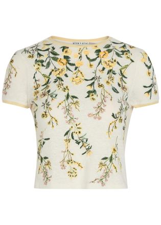 Alice & Olivia Cindy Floral-embroidered Linen T-shirt - Multicoloured - S (UK8-10 / S)