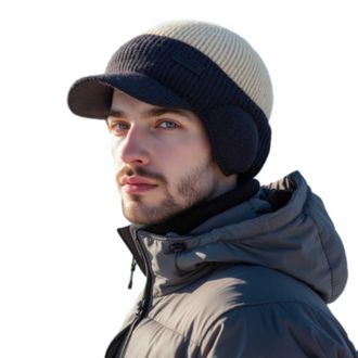 Generic Yuan Winter Hat, Winter Knitted Baseball Cap for Men, Fleece Lined Thick Knitted Hat with Ear Flaps (Beige)