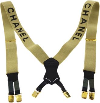 Chanel 1990 logo-print suspenders - women - Gold Plated/Canvas - One Size - Neutrals