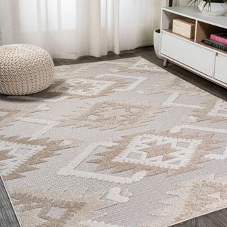 Jonathan Y Designs Sumak High-Low Pile Neutral Diamond Kilim Indoor/Outdoor Area Rug