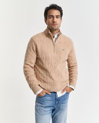 GANT Men Lambswool Cable Knit Half-Zip Sweater (4XL) KHAKI MELANGE