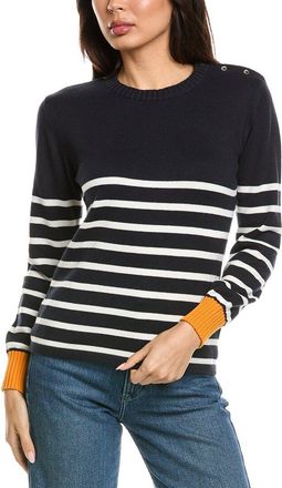 Brodie Button Stripe Crewneck Cashmere-Blend Sweater