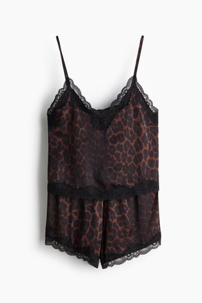 H&M Nachtw&auml;sche aus Satin mit Spitzenbesatz - Dunkelbraun/Leopardenprint