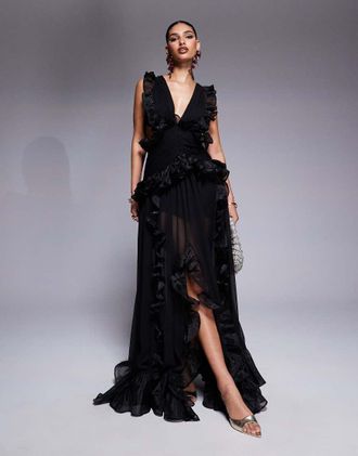 Asos plunge maxi dress with ruched chiffon detail & open back in black