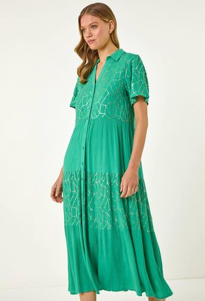 Roman V-Neck Sequin Button Midi Dress
