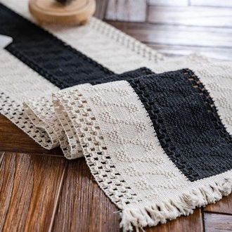 OEM Camino De Mesa Color Crema Y Beige Oscuro Con Borlas, Tejido A Mano Para Una Mesa De Cocina Bohemia (30 X 180 Cm)