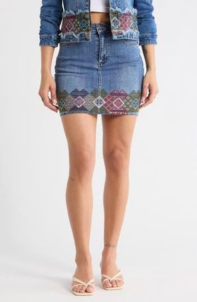Desigual Square Border Embroidered Denim Miniskirt in Medium Blue at Nordstrom Rack, Size 38