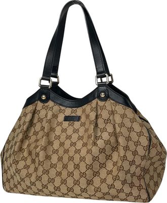Gucci Beige Black Gg Canvas Leather Handbag Tote Bag (Pre-Owned)