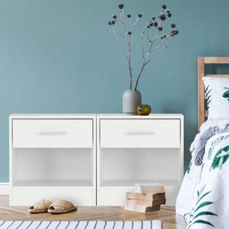 ML Design Ml-design - Set De 2 Mesitas De Noche Con Un Caj&oacute;n Y Compartimento Abierto Mesas Auxiliares Blancas 36,5 X 38,5 X 30 Cm Madera Mango De Aluminio Taqui