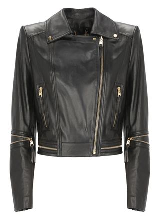 Elisabetta Franchi Cropped Black Leather Jacket With Gold Zipper Details