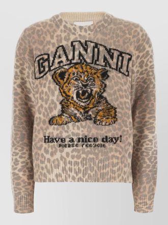 Ganni wool blend sweater crew neck animal motif