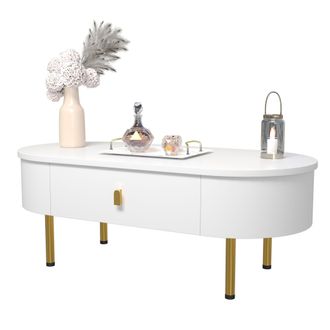 STILVORA Mesa De Centro Con 2 Cajones, Tiradores Y Patas Doradas, Esquinas Redondeadas, Moderna, En Mdf, Blanco, 108&times;50&times;40 Cm