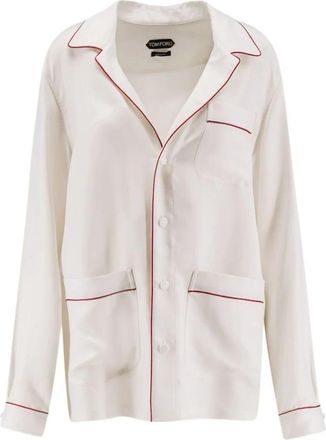 Tom Ford Silk Twill PJ Shirt met Paspel en Tonaal Geborduurd Logo - Dames - Pyjama - Beige - XL - Nachtkleding