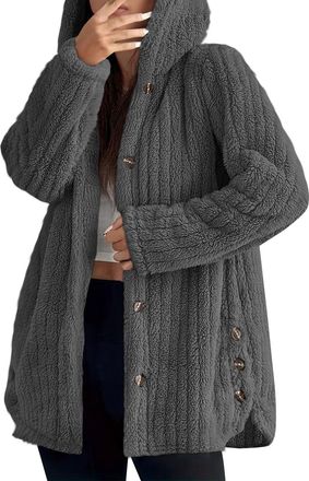 Generic KUIH Winter Jackets for Women Teddy Fleece Coats Hooded Sherpa Jumpers Loose Warm Hoodies Long Sleeve Button Down Cardigan Ladies Sweater Jackets Fuzz