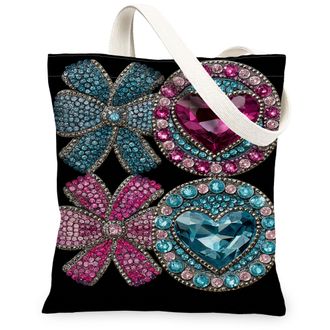 Generic Flower and Heart Canvas Tote Bags, Chic Floral Design Reusable Grocery Bags, Stylish Lightweight Washable Shoulder Strap Fo, Black, 13x15 Inch