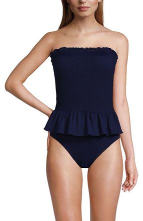 Lands End Smocked Bandeau Peplum One Piece Swimsuit in Deep Sea Navy at Nordstrom, Size 14