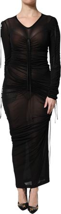 Dolce & Gabbana Womens Black Mesh Trim Bodycon Long Sheath Dress Viscose Silk