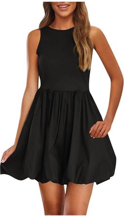 Generic Summer Dresses for Women UK Crew Neck Sleeveless Bubble Dresses Solid Color Elegant Cute A Line Mini Dress Above The Knee Short Dress Going Out Party 