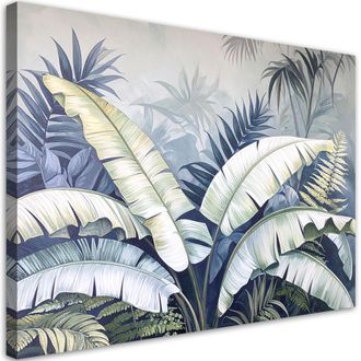 Feeby Cuadro Sobre Lienzo Hojas De Palmera Y Platanero Sobre Fondo Gris 100x70
