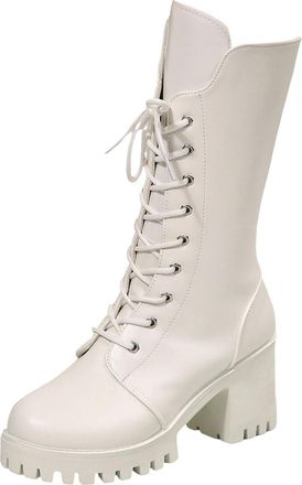 Generic Womens White Lace Up Platform Boots with Side Zipper Chunky Block Heel Mid Calf Boots Ladies Round Toe Lug Sole Punk Motorcycle Combat Booties