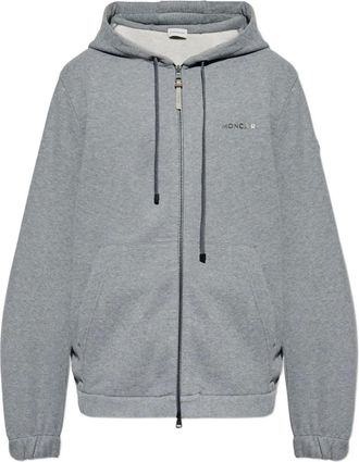 Moncler leather-logo ziip-up hoodie - men - Cotton/Calf Leather - M - Grey