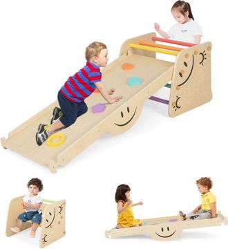 Costway Costway - 6 En 1 Juego De Escalador De Madera Con Rampa Reversible, Balanc&iacute;n, Taburete De Altura Ajustable, Escalera De Escalada, Patrones De Cara Son