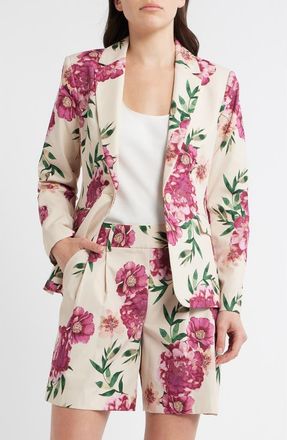 Tahari by ASL Print One-Button Blazer in Sand Berry Floral at Nordstrom, Size 16