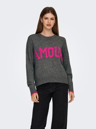 Only Rundhalspullover ONLY ONLNEW AMOUR LS TEXT O-NECK CS KNT, Damen, Gr. XS, medium grau melange detail:fuchsia lila amour, Strick, Obermaterial: 78% Poly