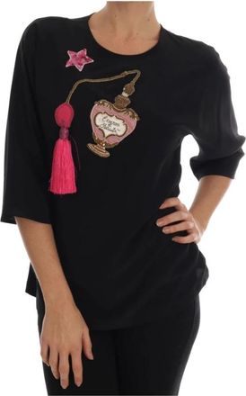 Dolce & Gabbana Fairy Tale Geborduurde Zijden Blouse - Dames - Longsleeves - Zwart - 2XS - Pailletten - Tops