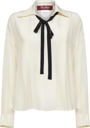 Max Mara Zijden Blouse met Strik - Dames - Blouses - Beige - L - Leer - Overhemden