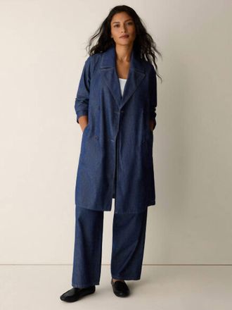 Eileen Fisher Double Breasted Denim Trench Coat In Blue