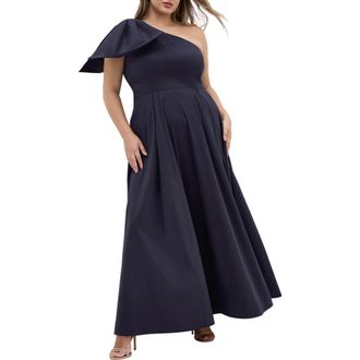 City Chic Captivate Bow One-Shoulder A-Line Gown in Navy at Nordstrom Rack, Size M/18W