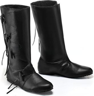 Generic Mens Lace Up Medieval Knee-High Boots Flat Heel Long Boots Round Toe PU Leather Pirate Boot,Black,6.5 UK