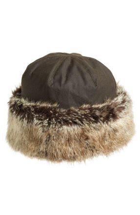 Barbour Ambush Waxed Cotton Hat with Faux Fur Trim in Olive at Nordstrom, Size Small