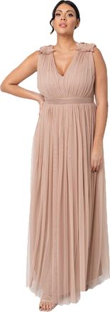 Maya Womens Ladies Maxi Dress with Ruffle V Neck Sleeveless High Empire Waist Long for Prom Guest Wedding Bridesmaid, Taupe Blush, 18