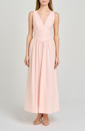 Wayf Vivia Plunge Neck Drop Waist Midi Dress in Blush at Nordstrom, Size X-Small