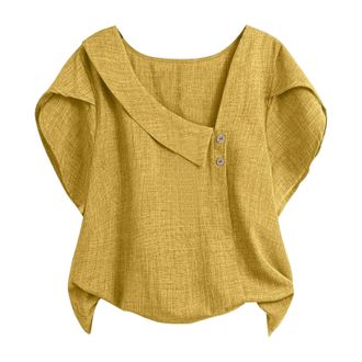 Generic Blouses for Women UK, Ladies Tops 2026 Womens Summer Cotton Linen Cap Sleeve T-Shirt Button V Neck Tunic Top Fashion Baggy Solid Plain Casual Shirts T