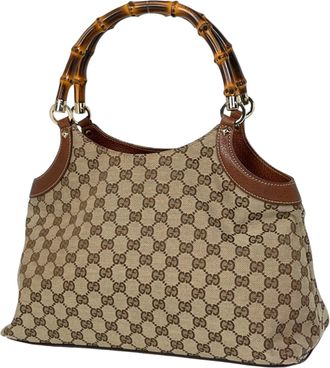 Gucci Bamboo Brown Gg Canvas Leather Tote Bag (Pre-Owned)