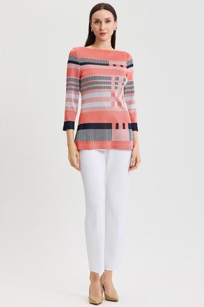 Ming Wang Classic Jacquard Colorblock Soft Knit Tunic in Sunkist Coral/white/indigo at Nordstrom, Size X-Large
