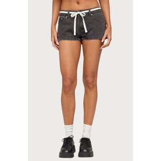 Edikted Olesia Tie Belt Denim Shorts in Black-Washed at Nordstrom, Size X-Small