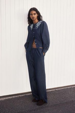 H&M Denim Drawstring Trousers in Dark Denim Blue at Nordstrom, Size X-Small