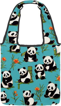 Generic Cute Panda on Blue Reversible Canvas Shoulder Tote - Double-Sided Print, 12oz Cotton, 27cm Drop, Fold-Flat Bag for Travel, Shopping, Street Outings
